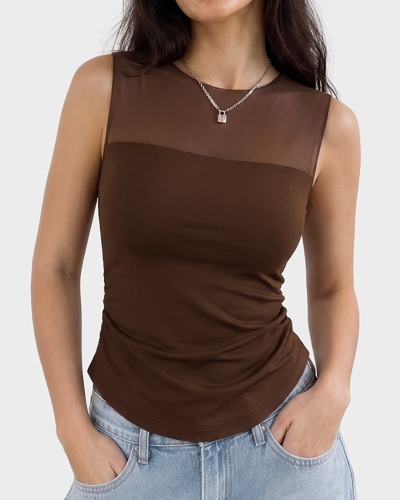 Illusion-Mesh Ruched Top with Built-In Cups