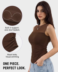 Illusion-Mesh Ruched Top with Built-In Cups
