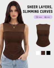 Illusion-Mesh Ruched Top with Built-In Cups