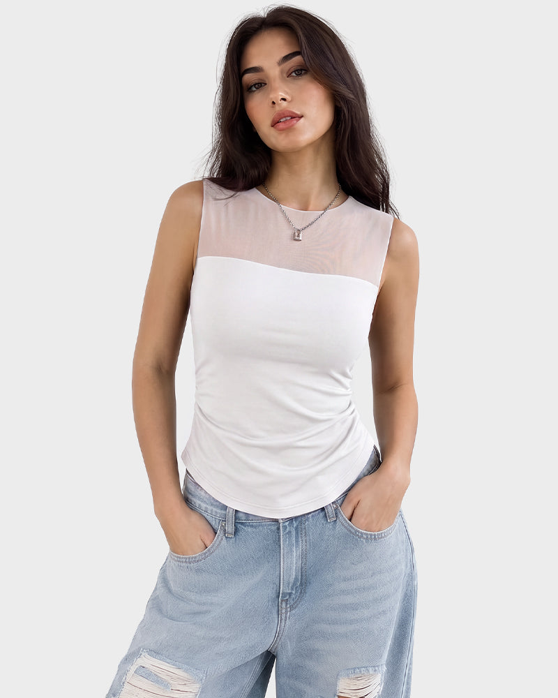 Illusion-Mesh Ruched Top with Built-In Cups