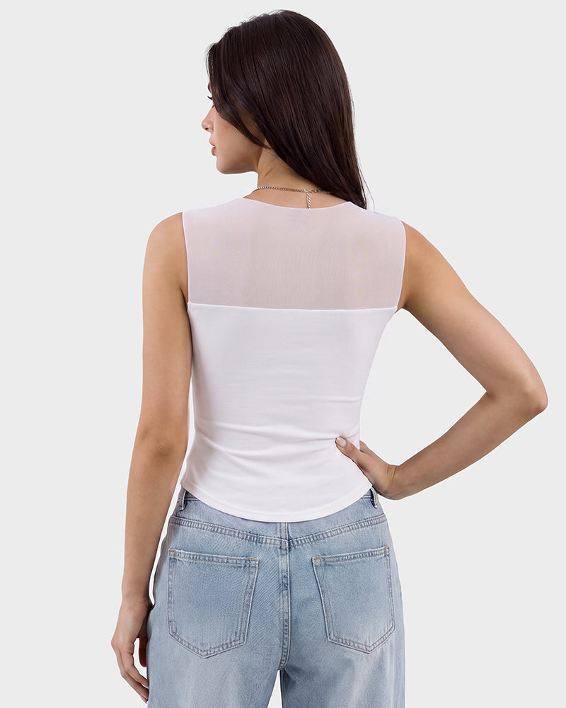 Illusion-Mesh Ruched Top with Built-In Cups