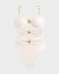 Gold Beads Detailing Cut-Out Ruched One Piece Swimsuit