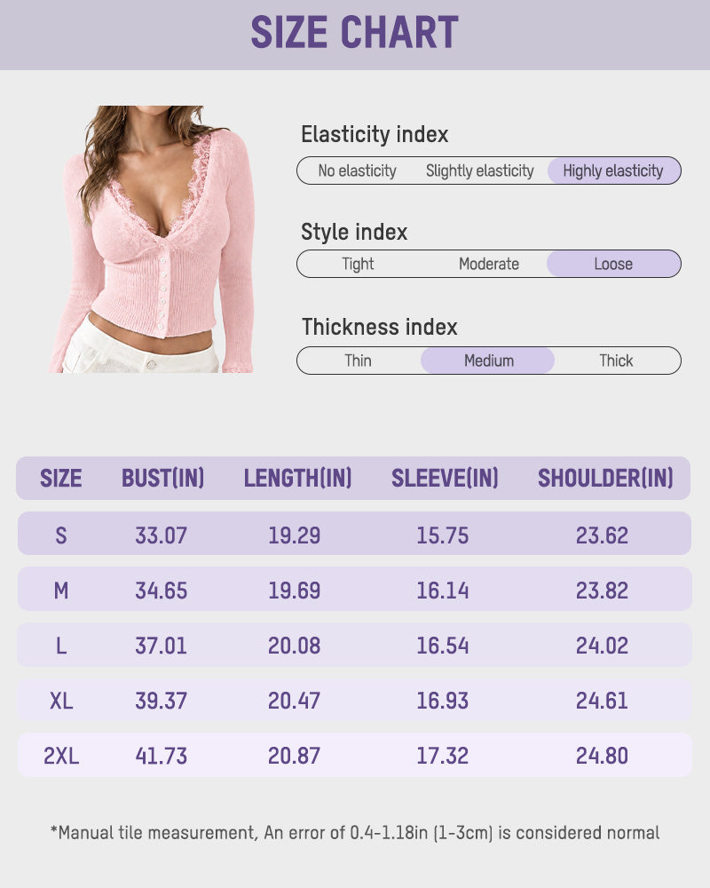 Lace-Trim V-Neck Ribbed Knit Cardigan