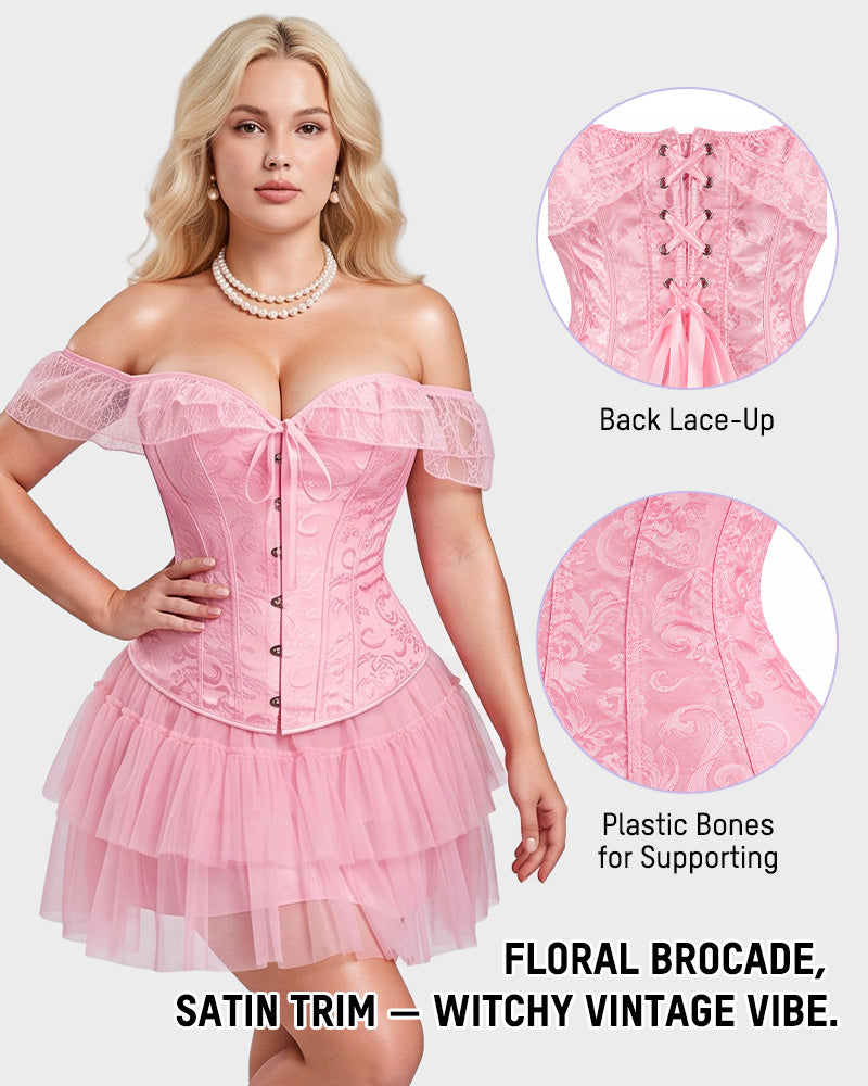Lace Off-Shoulder Jacquard Front-Hook Corset