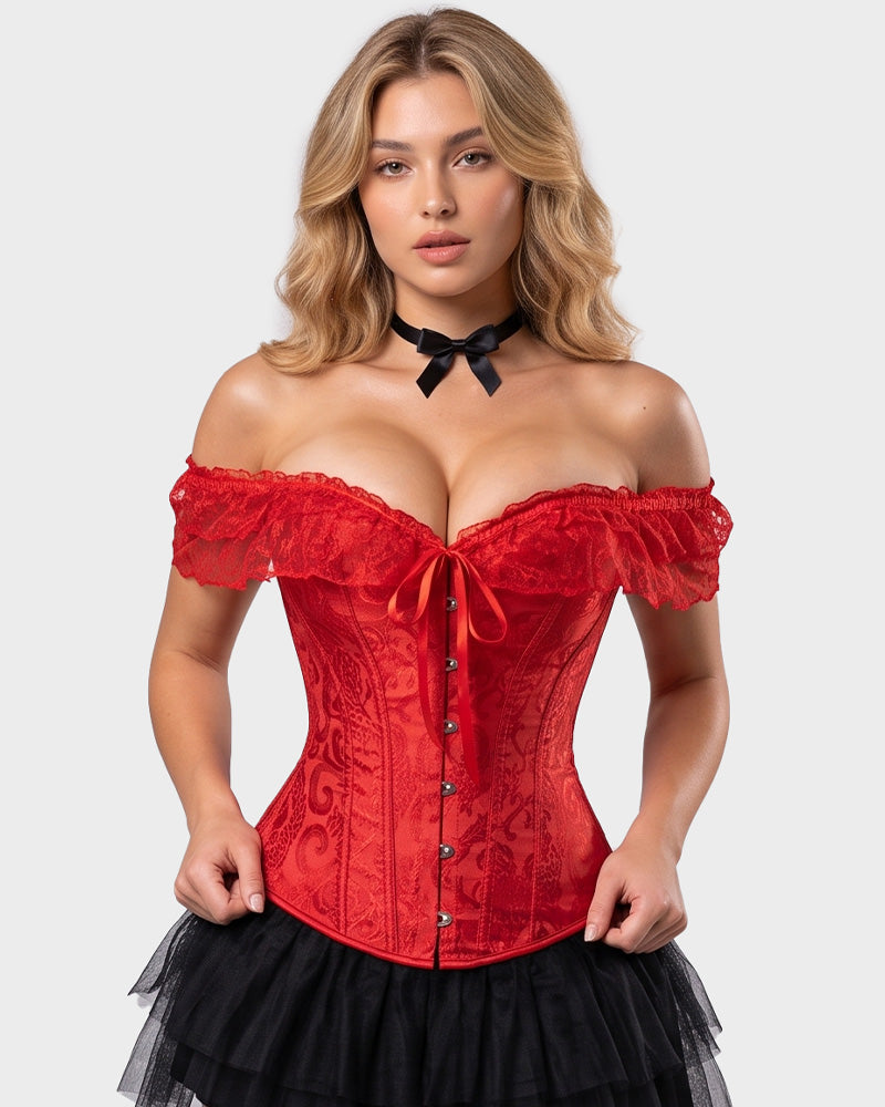 Lace Off-Shoulder Jacquard Front-Hook Corset
