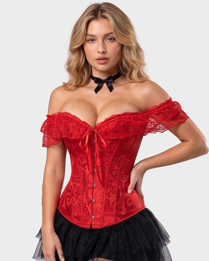 Lace Off-Shoulder Jacquard Front-Hook Corset