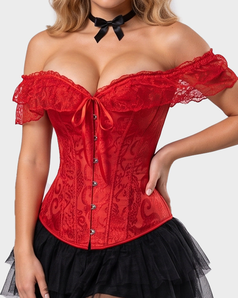 Lace Off-Shoulder Jacquard Front-Hook Corset
