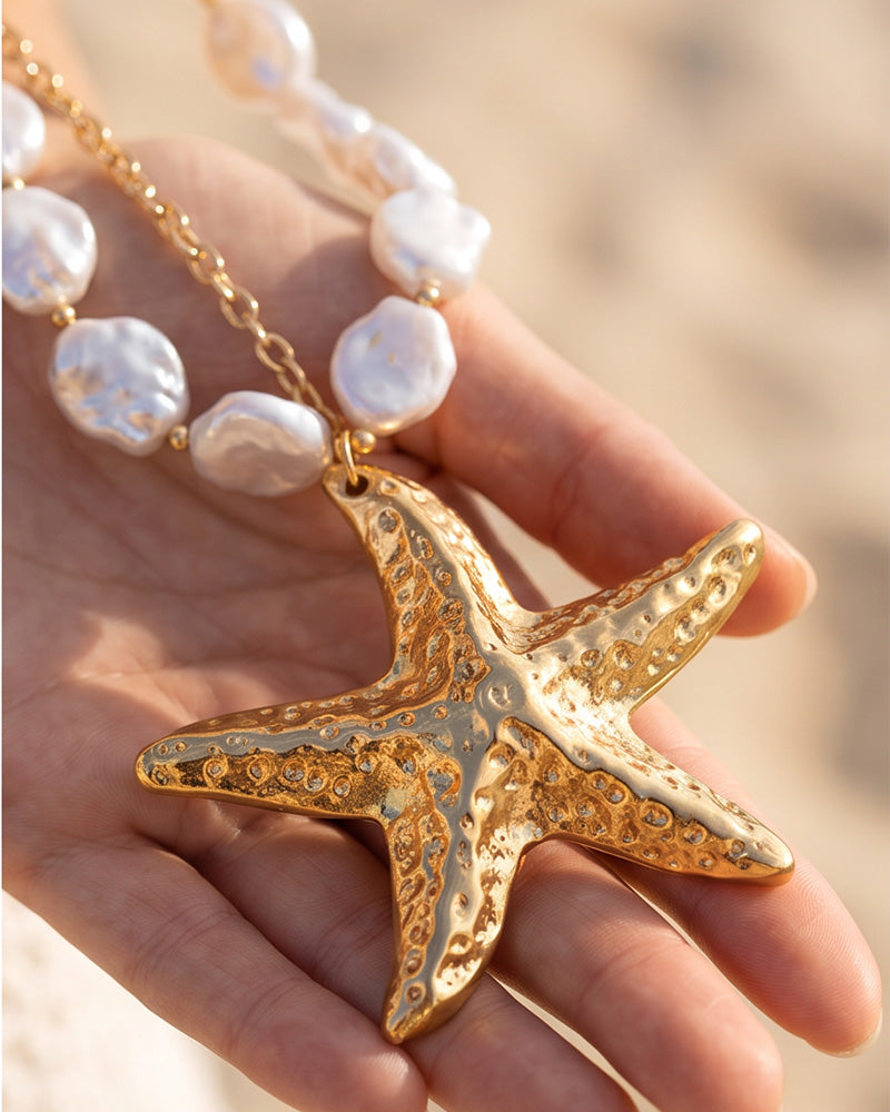 Layered Pearl & Starfish Statement Necklace