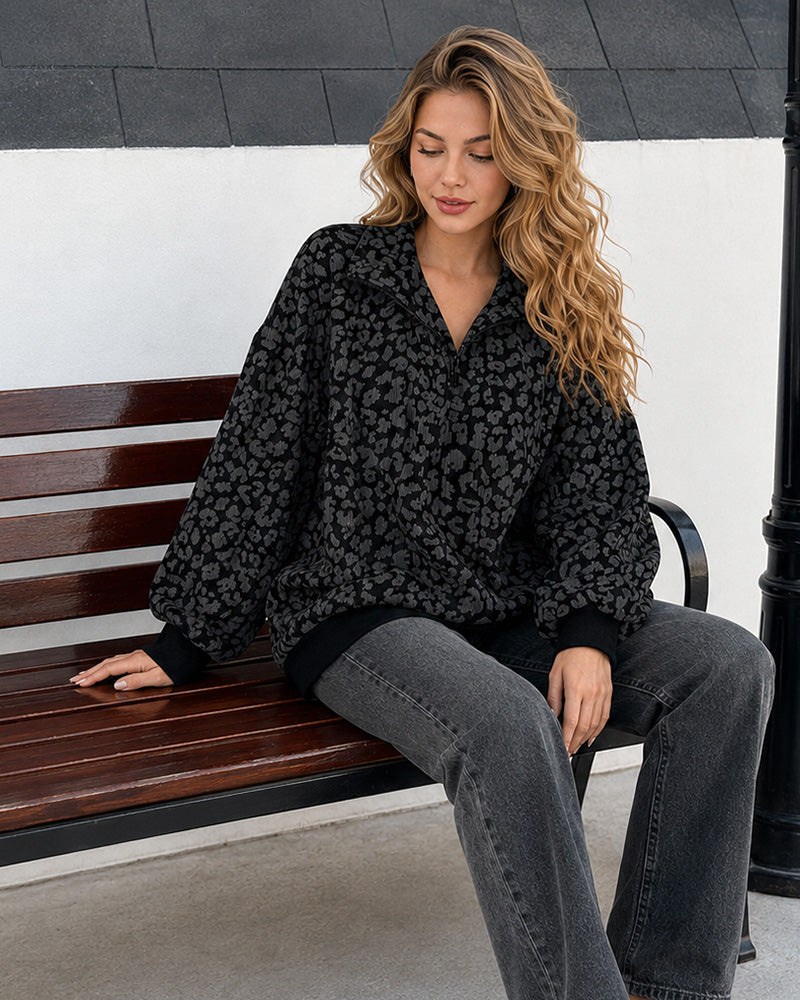 Leopard-Print Half-Zip Oversized Pullover