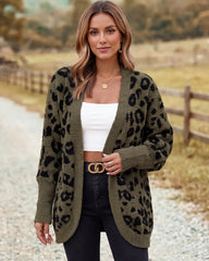 Leopard-Print Open-Front Knit Cardigan with Pockets