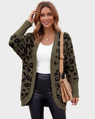 Leopard-Print Open-Front Knit Cardigan with Pockets