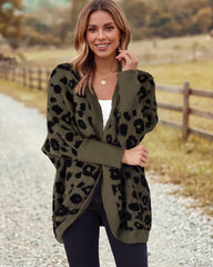 Leopard-Print Open-Front Knit Cardigan with Pockets