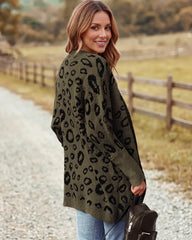 Leopard-Print Open-Front Knit Cardigan with Pockets