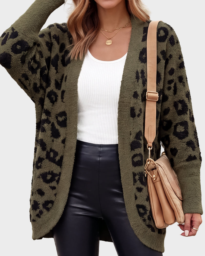 Leopard-Print Open-Front Knit Cardigan with Pockets
