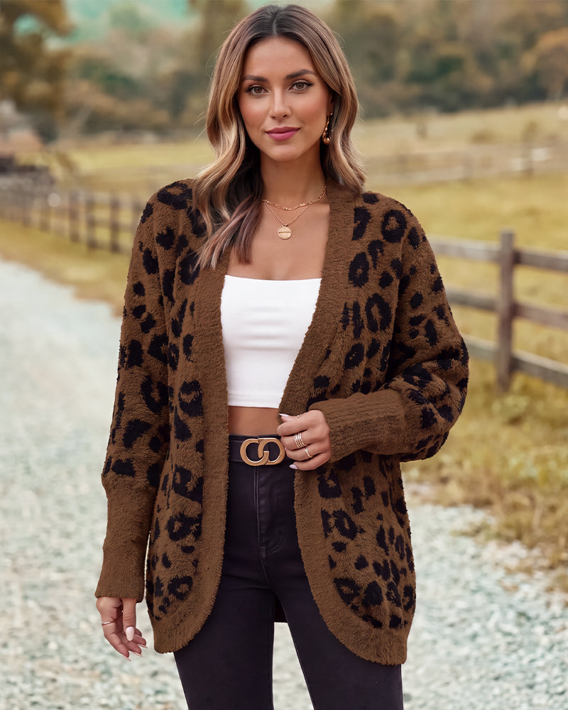 Leopard-Print Open-Front Knit Cardigan with Pockets