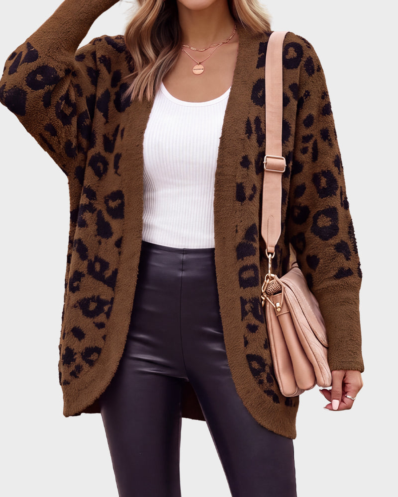 Leopard-Print Open-Front Knit Cardigan with Pockets