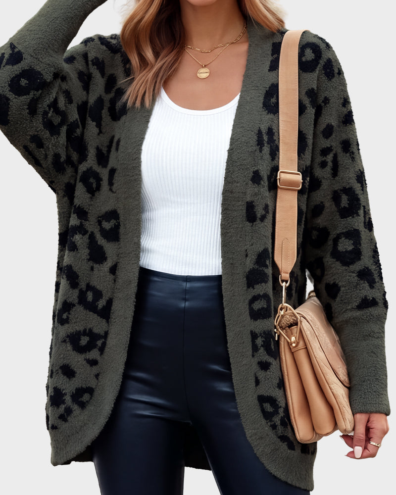 Leopard-Print Open-Front Knit Cardigan with Pockets