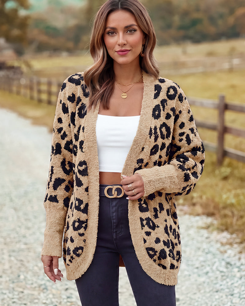 Leopard-Print Open-Front Knit Cardigan with Pockets