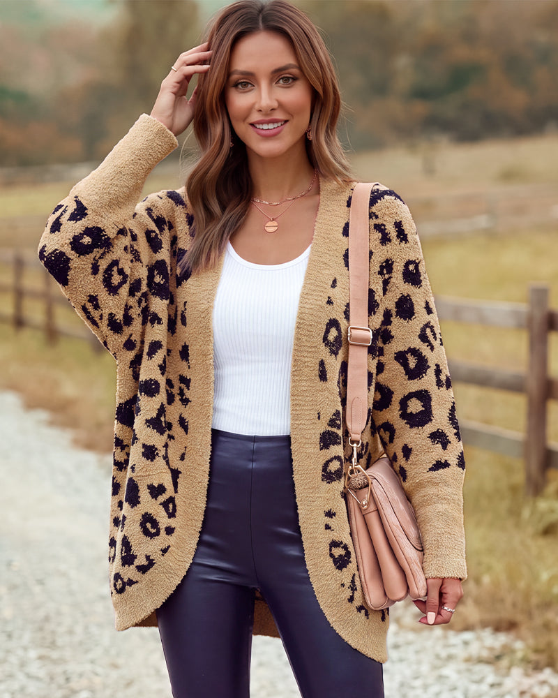 Leopard-Print Open-Front Knit Cardigan with Pockets