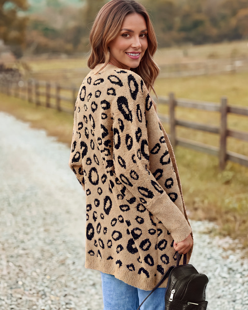 Leopard-Print Open-Front Knit Cardigan with Pockets