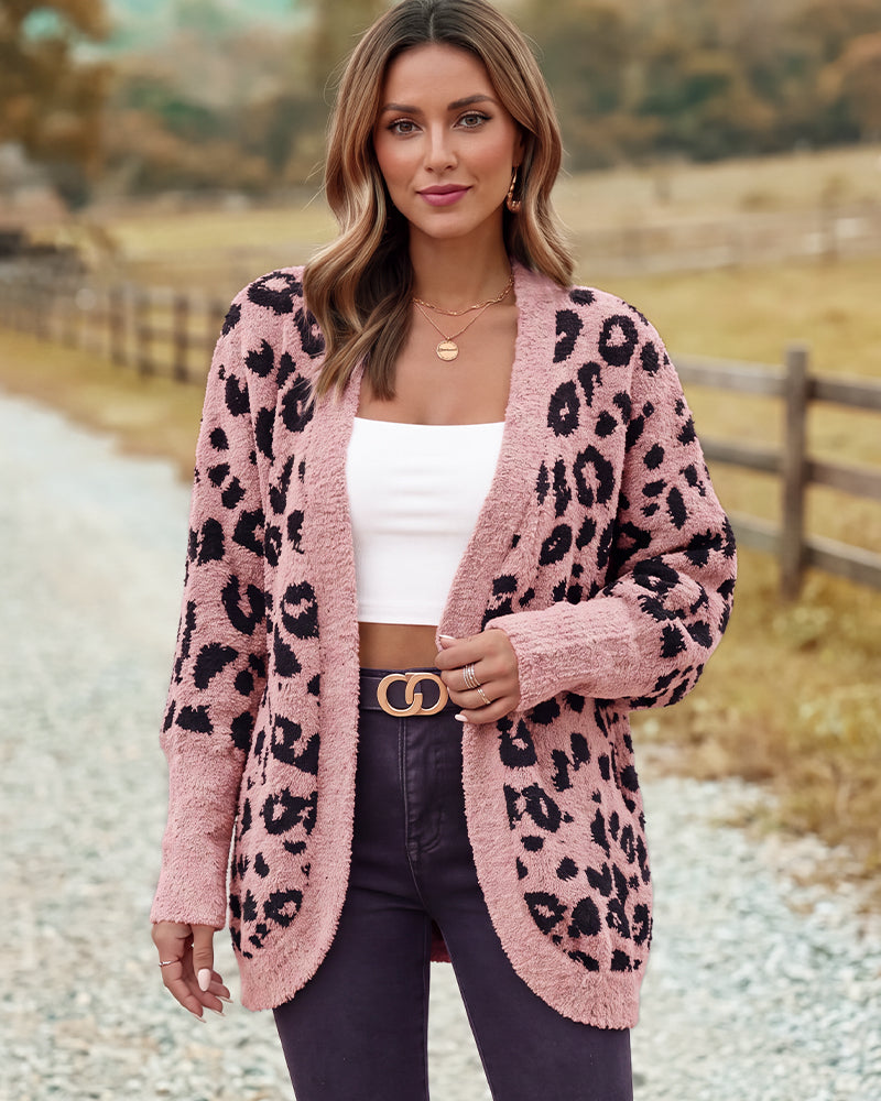 Leopard-Print Open-Front Knit Cardigan with Pockets