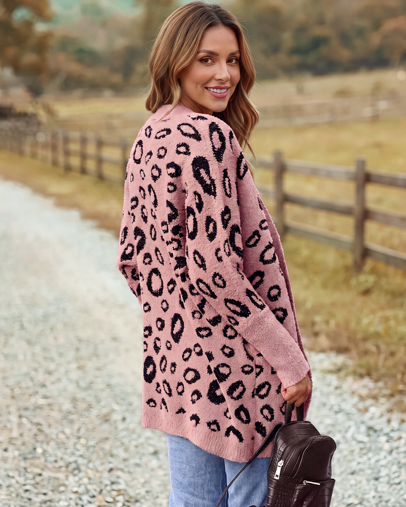 Leopard-Print Open-Front Knit Cardigan with Pockets