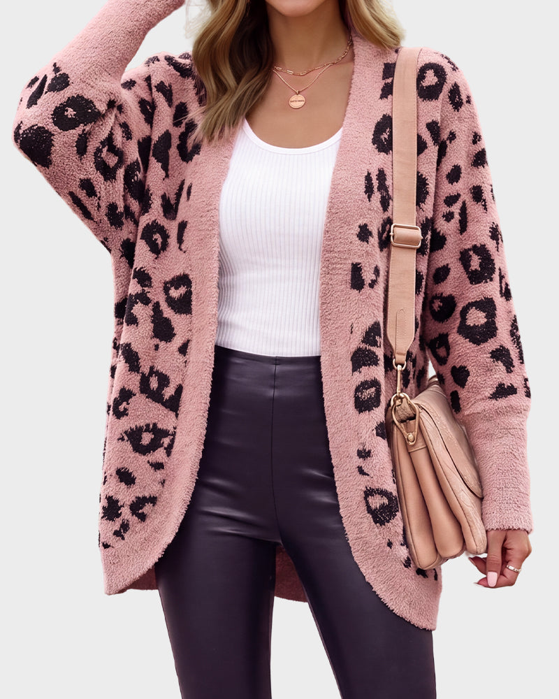 Leopard-Print Open-Front Knit Cardigan with Pockets