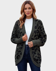 Leopard-Print Open-Front Knit Cardigan with Pockets
