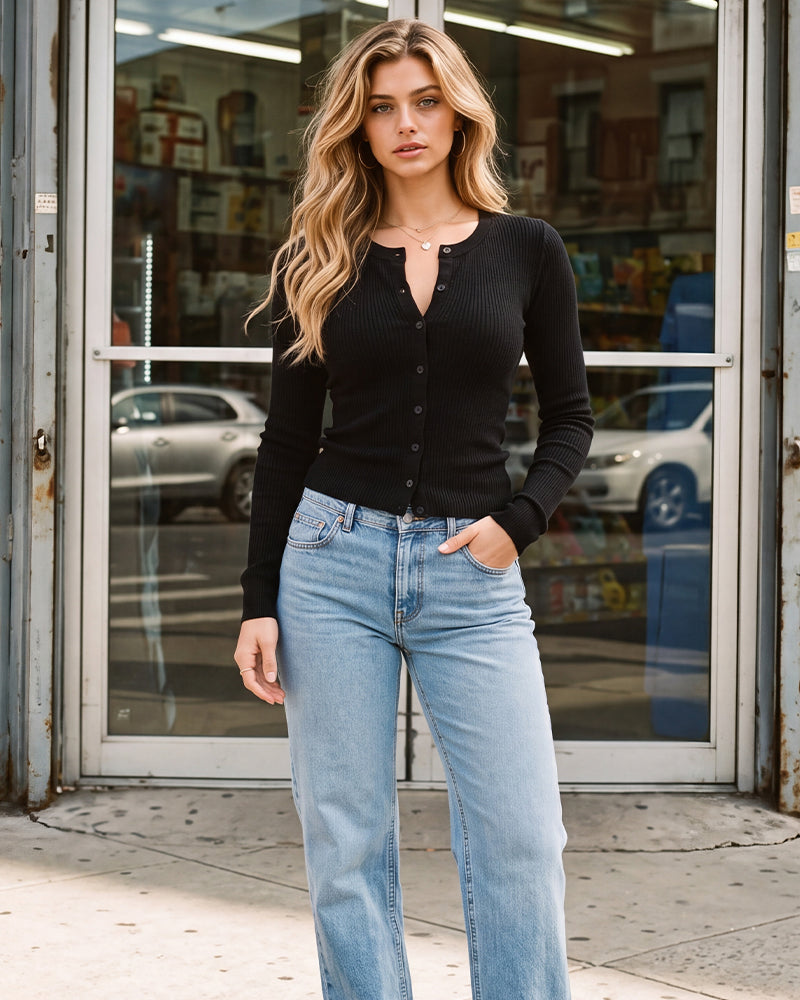 Lightweight Ribbed Button-Front Cardigan