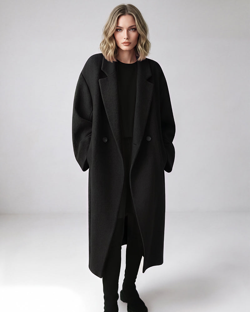 Long Double-Breasted Notched-Lapel Coat
