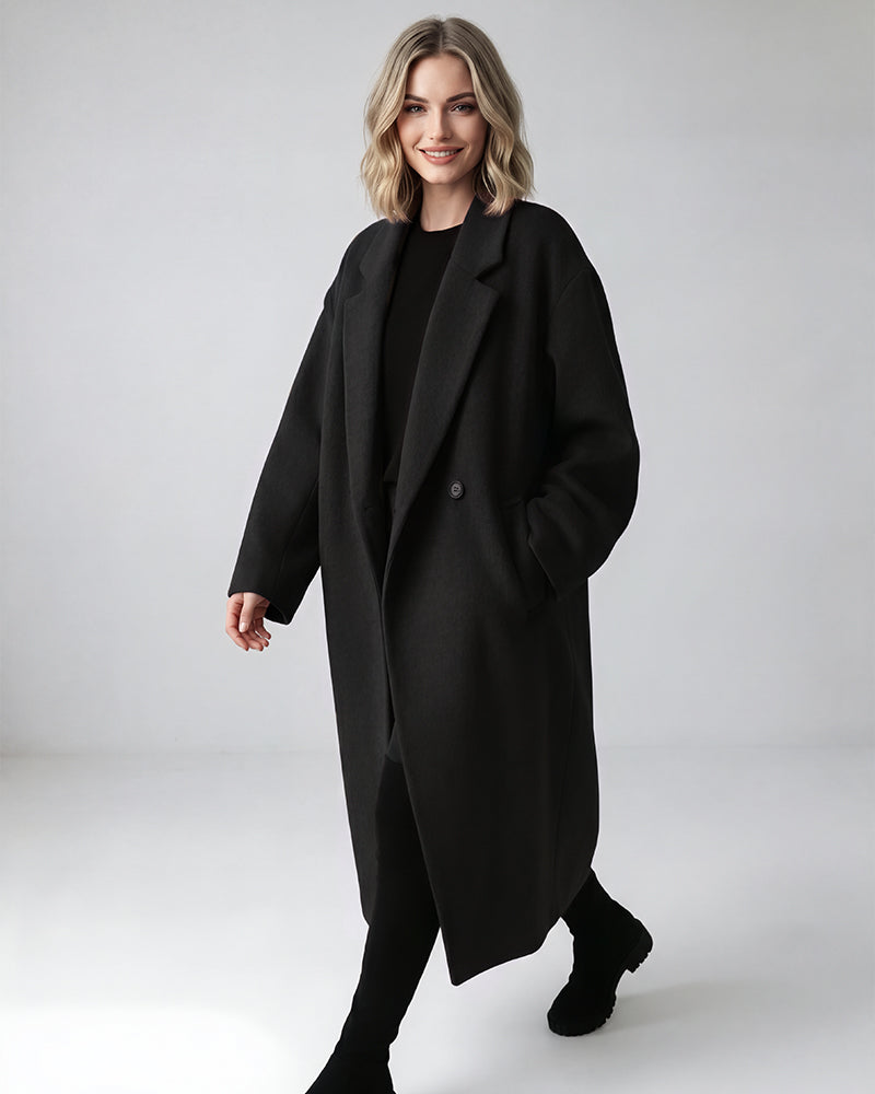 Long Double-Breasted Notched-Lapel Coat