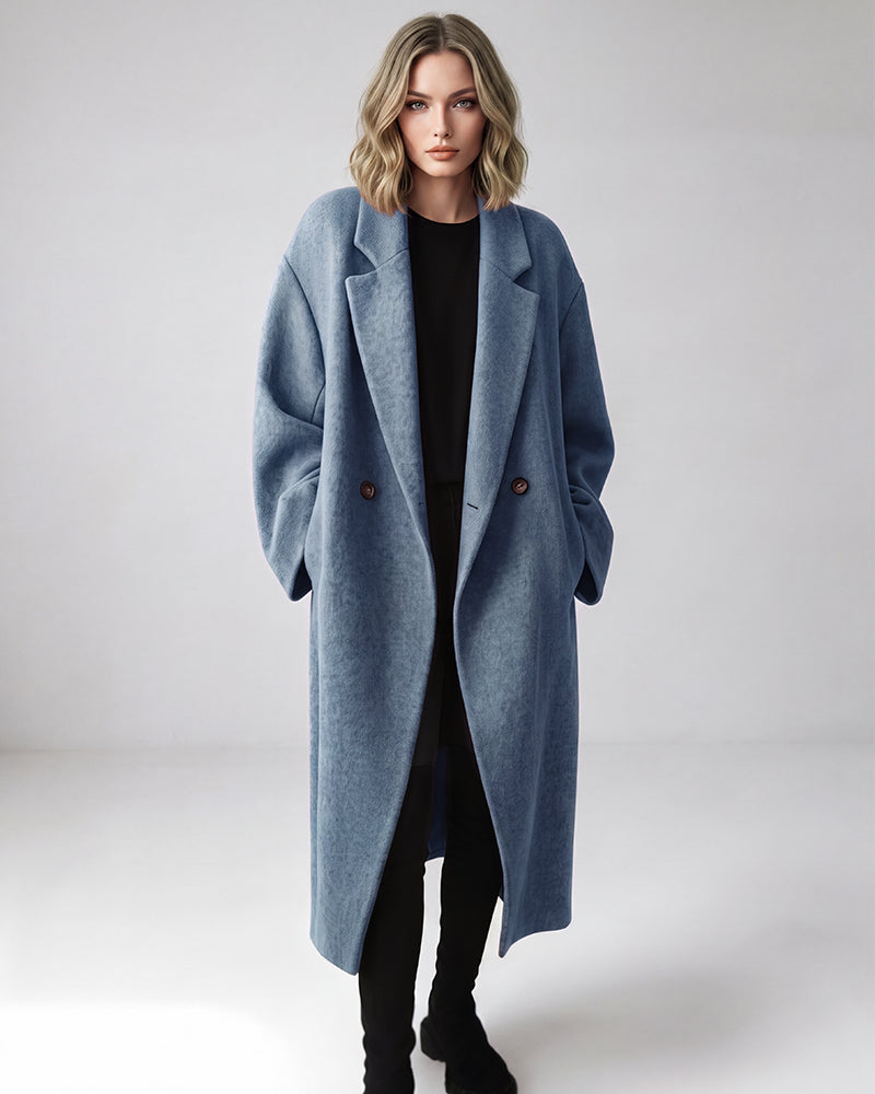 Long Double-Breasted Notched-Lapel Coat