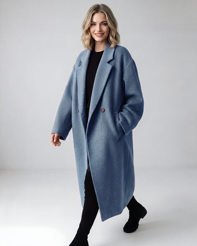 Long Double-Breasted Notched-Lapel Coat