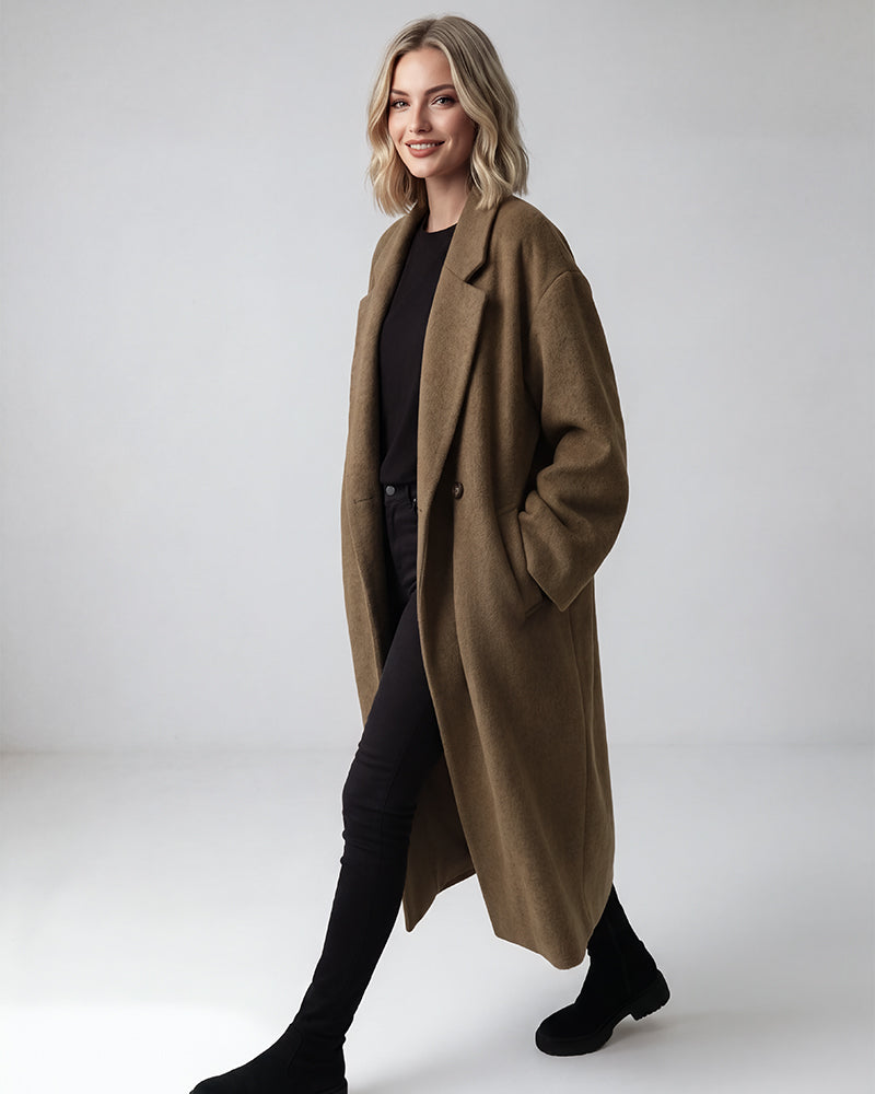 Long Double-Breasted Notched-Lapel Coat