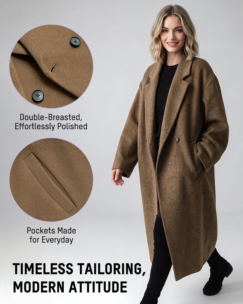 Long Double-Breasted Notched-Lapel Coat