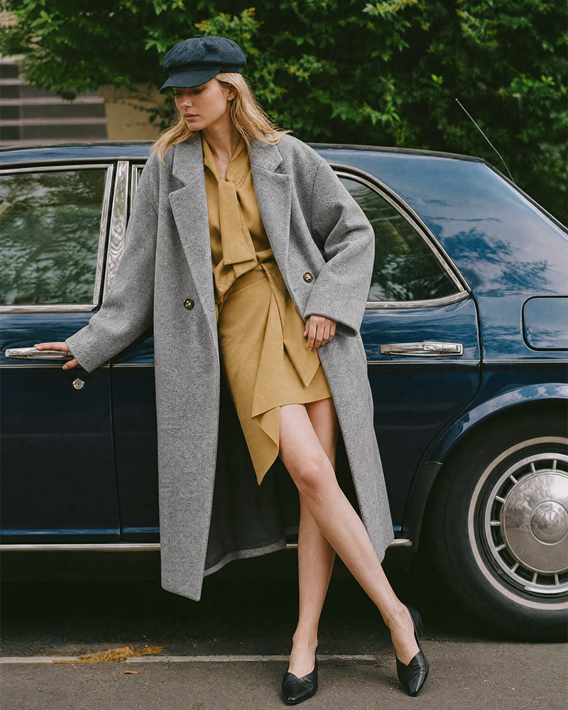 Long Double-Breasted Notched-Lapel Coat