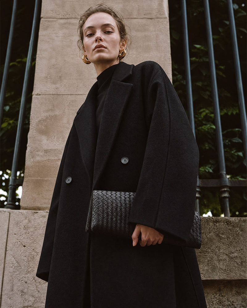 Long Double-Breasted Notched-Lapel Coat