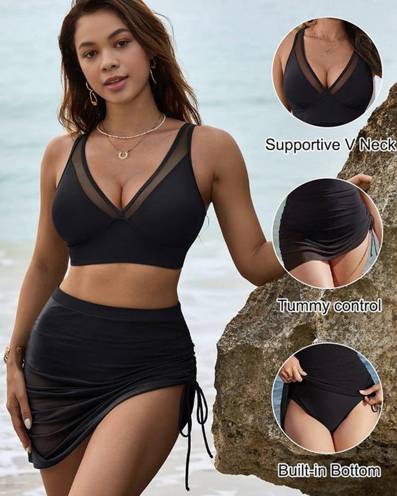 Maillot De Bain 2 Pièces SHEKINI Femme – Tankini Dos Nu Avec Jupe Améliorante Tummy Control