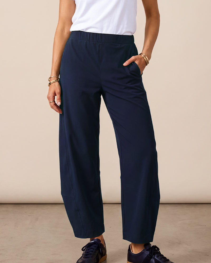 Mid-Rise Barrel Pants with Elastic Back Waist