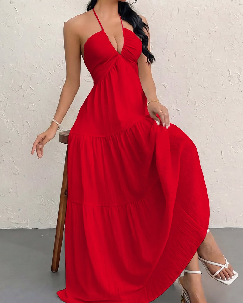 Minimalist Sleeveless Open-Back Halter Maxi Dress