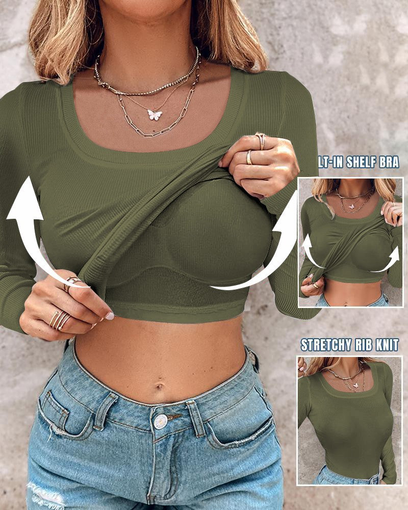 Long Sleeve Ribbed Fitted Top with Built-In Bra