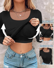 Long Sleeve Ribbed Fitted Top with Built-In Bra