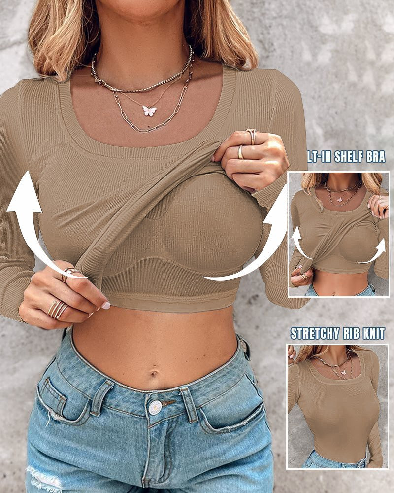 Long Sleeve Ribbed Fitted Top with Built-In Bra