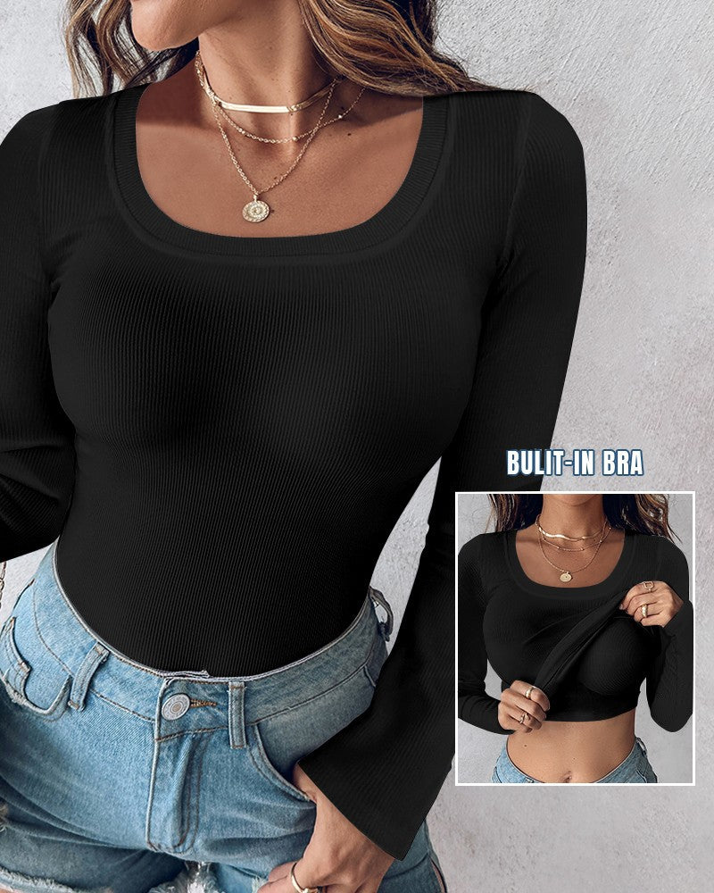 Long Sleeve Ribbed Fitted Top Built Bra