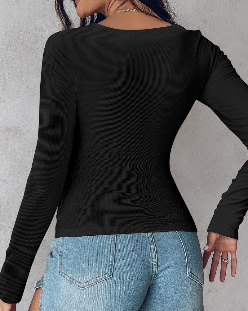 Long Sleeve Ribbed Fitted Top with Built-In Bra