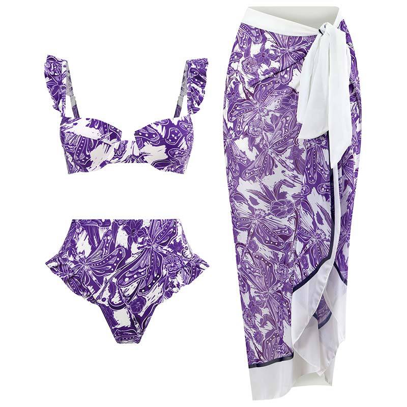 SheCurve® Vintage Floral Printed Bikini Set with Beach Cover up Wrap Skirt