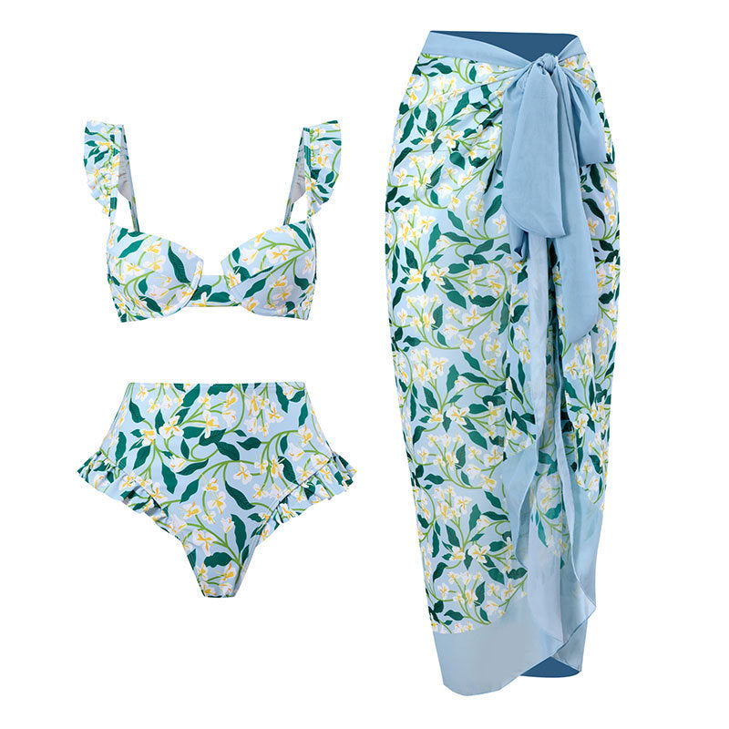 SheCurve® Vintage Floral Printed Bikini Set with Beach Cover up Wrap Skirt