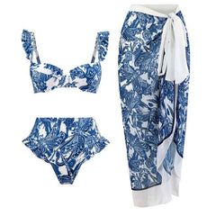 SheCurve® Vintage Floral Printed Bikini Set with Beach Cover up Wrap Skirt