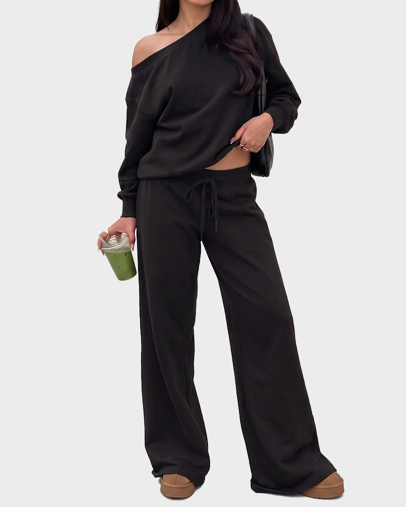 Off-Shoulder Wide-Leg 2-Piece Sweatsuit