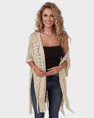 Open-Front Crochet Tassel Kimono Cardigan